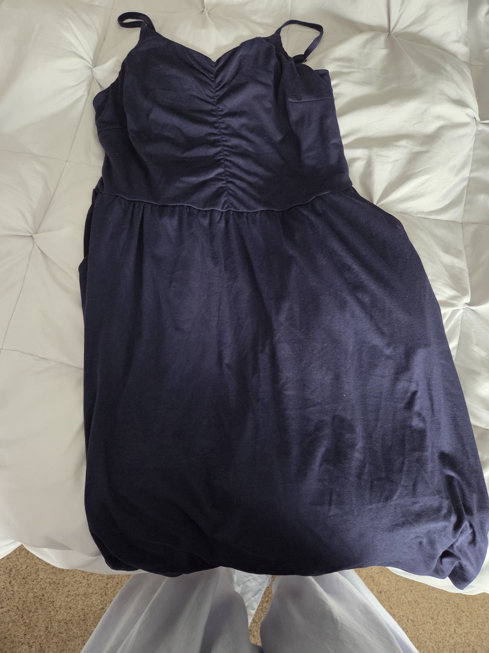 Navy Ruched Bodice Spaghetti Strap Dress